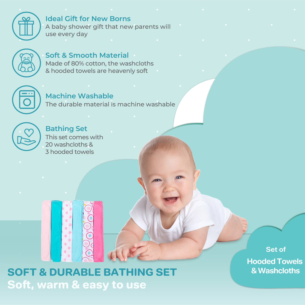 Spasilk Bath Hooded Towels & Washcloths Set for Babies, 23-Piece Gift Set, White Butterfly