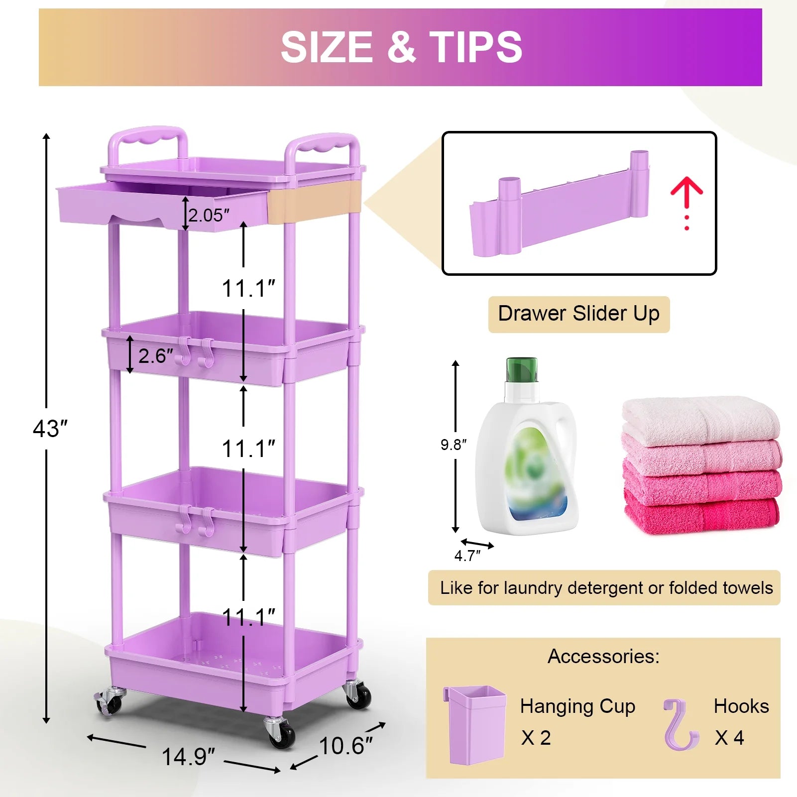 Yeabett 4 Tier Rolling Utility Cart Organizer with Removable Drawer, Mobile Storage Carts with 2 Lockable Wheels for Bathroom, Kitchen, Snack, Craft, Makeup, Baby Essentials，Purple