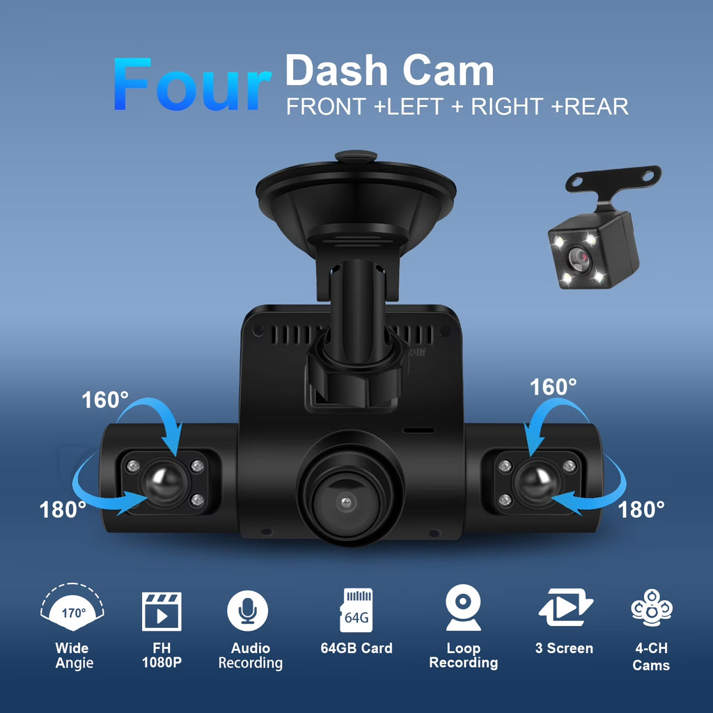 AILKIN 4 Channel Dash Cam Front and Rear,Left,Right,Full HD 1080P Dash Cam Front and Rear inside Loop Recording Dash Camera for Cars with Night Vision,Free 64GB Card