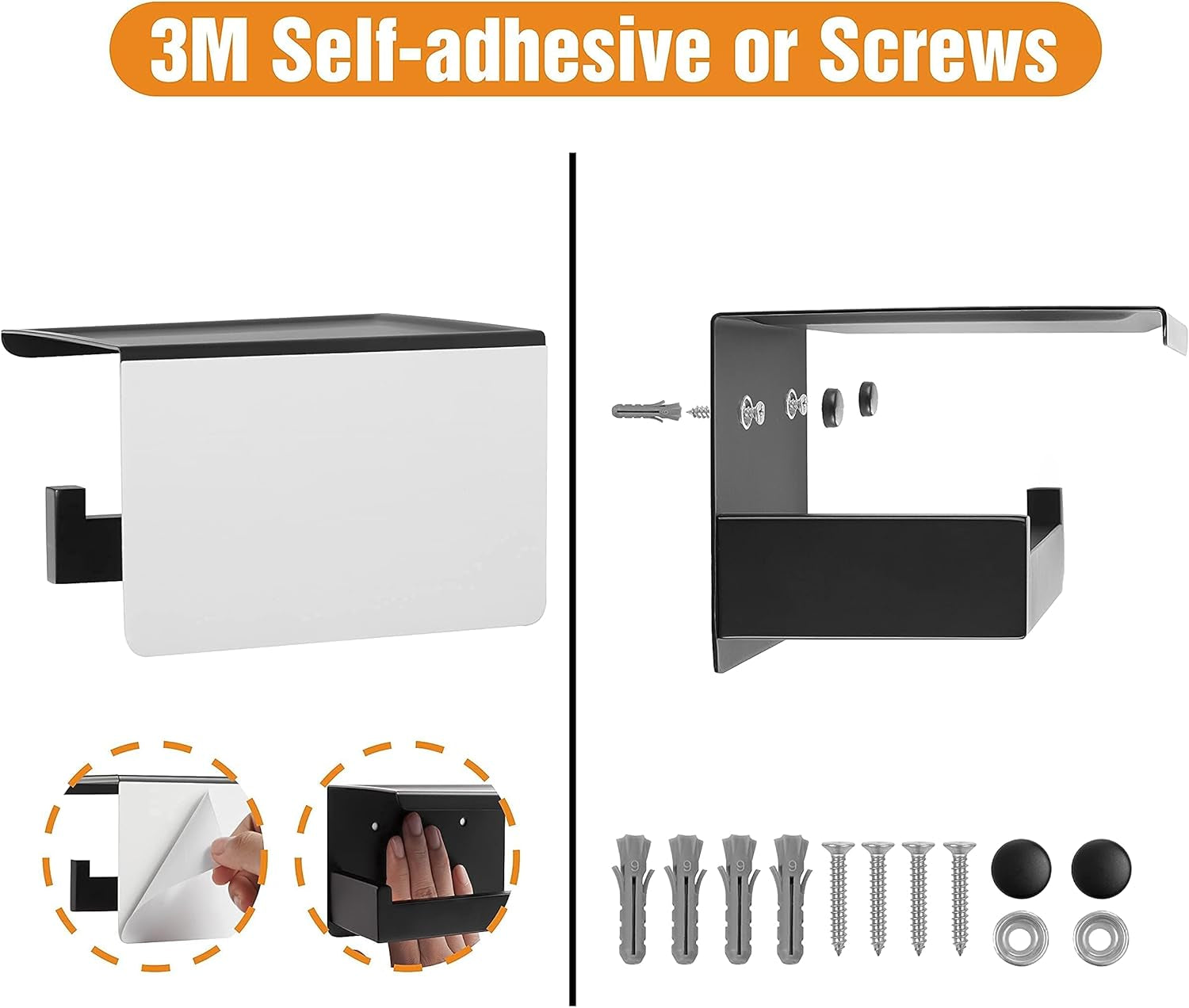 Sleek Matte Black Toilet Paper Holder with Shelf - Self-Adhesive or Wall-Mount for Stylish Bathrooms