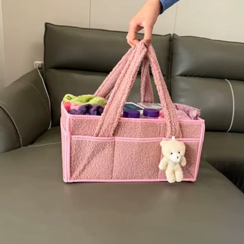 Baby Plush Storage Nursery Organizer Basket Infant Diaper Bag with Handle Caddy Changing Nappy Kids Storage Carrier Large Pocket