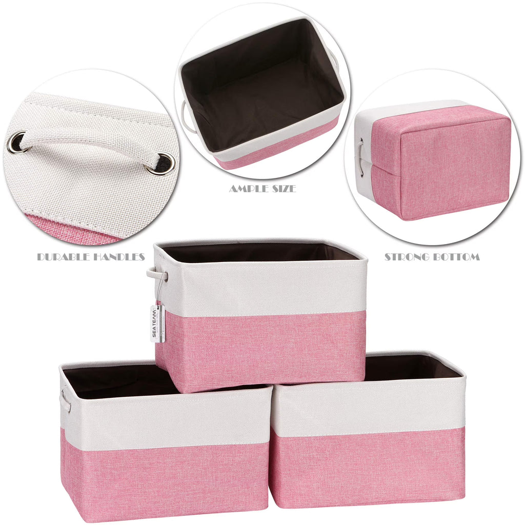 3-Pack Large Storage Basket Set, Trunk Organizer, Clothes Toys Bin, 15 X 10 X 10 Inches, Big Rectangular Canvas Fabric Collapsible Shelf Box with Handles, Pink & White