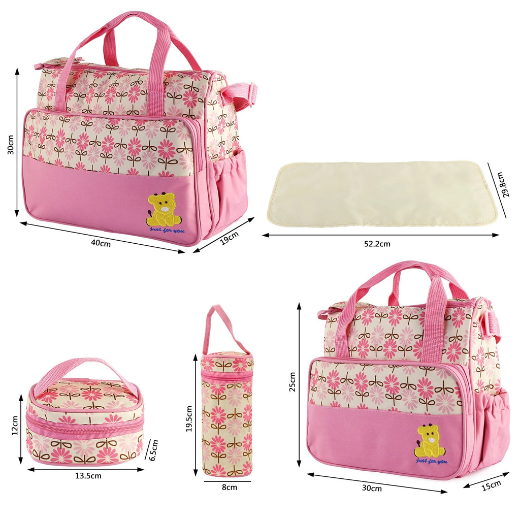 Baby Diaper Bag 5 Pcs Toddler Diaper Bag Tote Multifunction Portable Baby Bag for Boys and Girls Pink