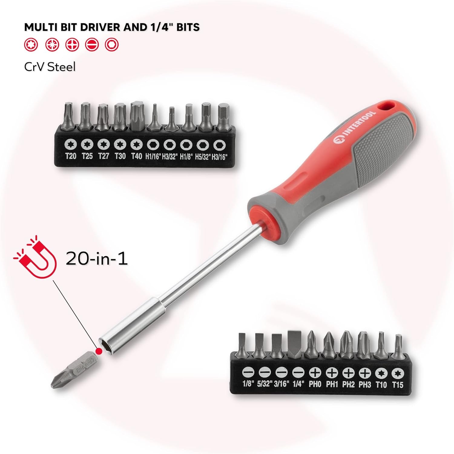 INTERTOOL Magnetic Screwdriver & Precision Driver Set - Cr-V Steel with Cushion Grip Handles - Phillips, Flat Head, Torx, Hex Bits Included - VT08-3329