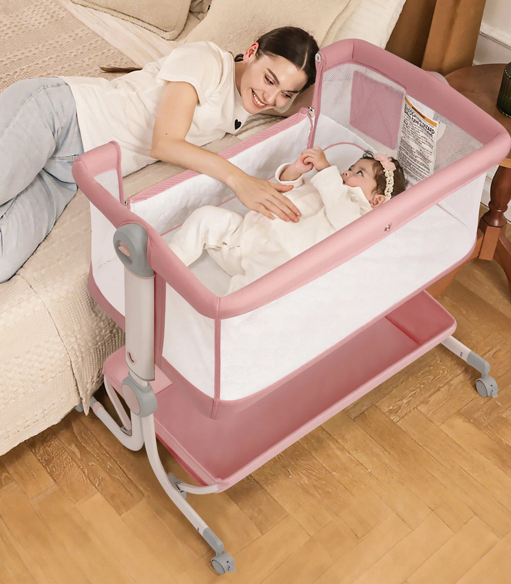 Babyeap 3 in 1 Baby Bassinet,Baby Basinet Bedside Sleeper,Standalone Baby Crib,6 Height Adjustable Portable Crib for Newborn,Pink