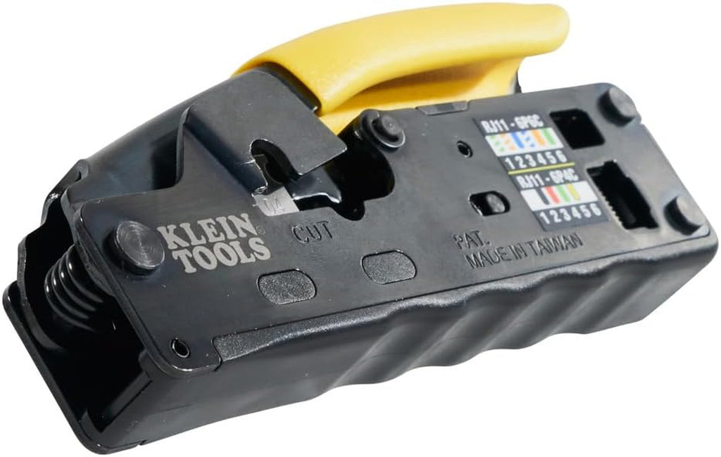 Klein Tools Compact Ratcheting Data Cable Crimper, Wire Stripper & Cutter - Perfect for CAT6, CAT5, CAT3 & Flat-Satin Voice Cables