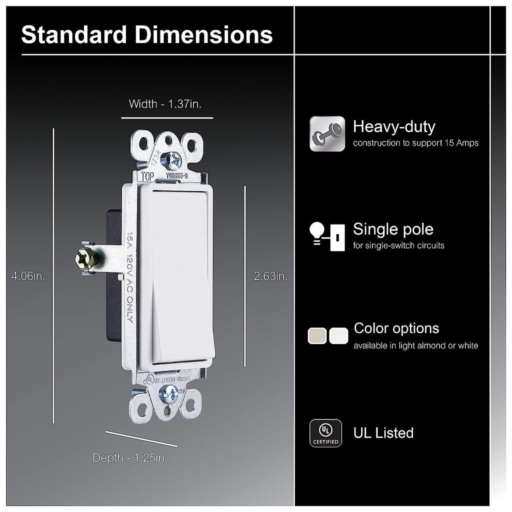 GE Paddle Rocker Switch - Single Pole On/Off Light & Ceiling Fan Replacement, UL Listed, Grounding, White - Model 50726