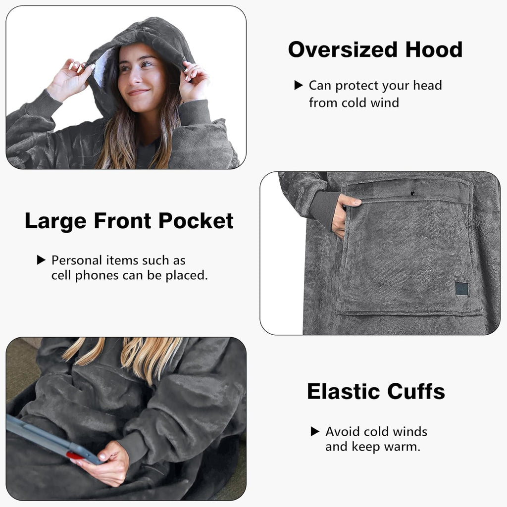 Cozy Up with Tirrinia Extra Long Oversized Sherpa Hoodie Blanket - Perfect Christmas Gift for Men, Women, and Teens in Grey!