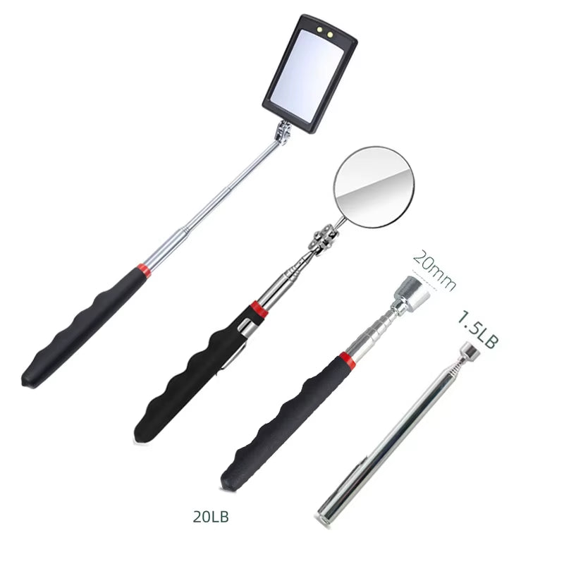 360° Inspection Mirror LED Light Extend Telescopic Inspection Work Mirror with Grip Handle Car Maintenance Repairing Pickuptools