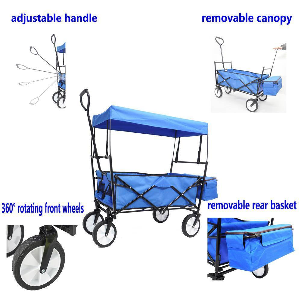 3.6 Cu. Ft. Blue Metal Garden Cart, Shopping Folding Wagon