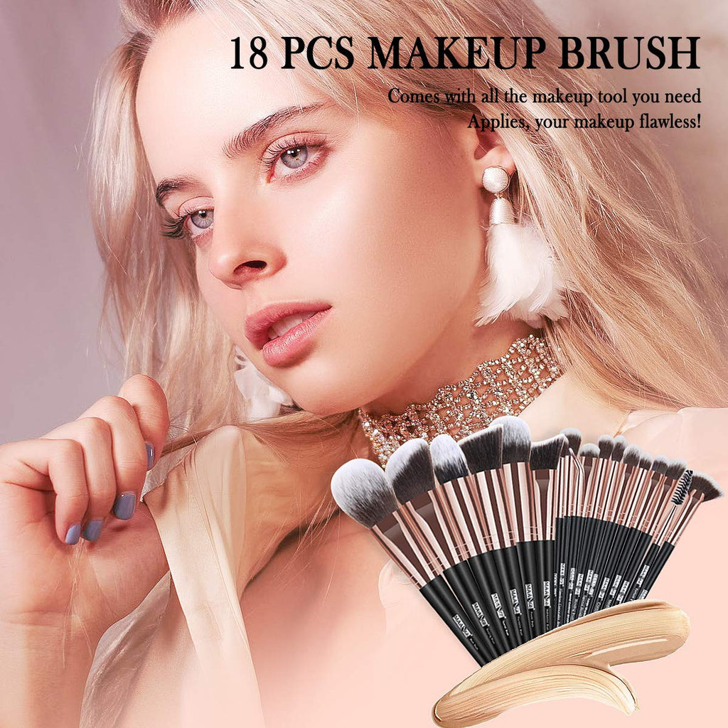 18-Piece Professional Makeup Brush Set - Premium Synthetic Brushes with Elegant Case for Flawless Foundation & Eye Makeup (Black Gold)