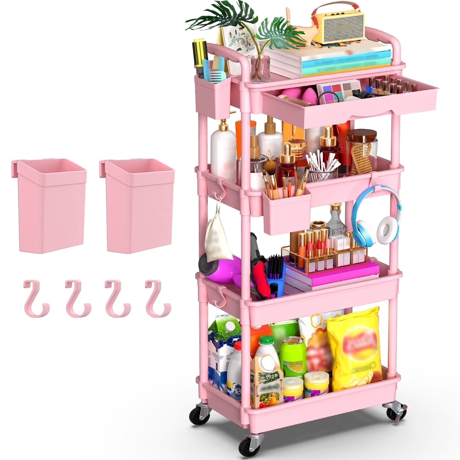 Yeabett 4 Tier Rolling Utility Cart Organizer with Removable Drawer, Mobile Storage Carts with 2 Lockable Wheels for Bathroom, Kitchen, Snack, Craft, Makeup, Baby Essentials，Purple