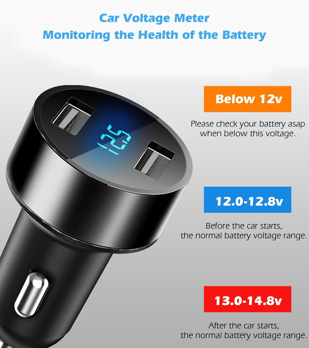 LIHAN 2 USB Car Charger,12V/24V Voltage Meter, Output 4.8A, Cigarette Lighter Plug Adapter Compatible with Iphone,Ipad, Samsung, USB Charging Devices, Black