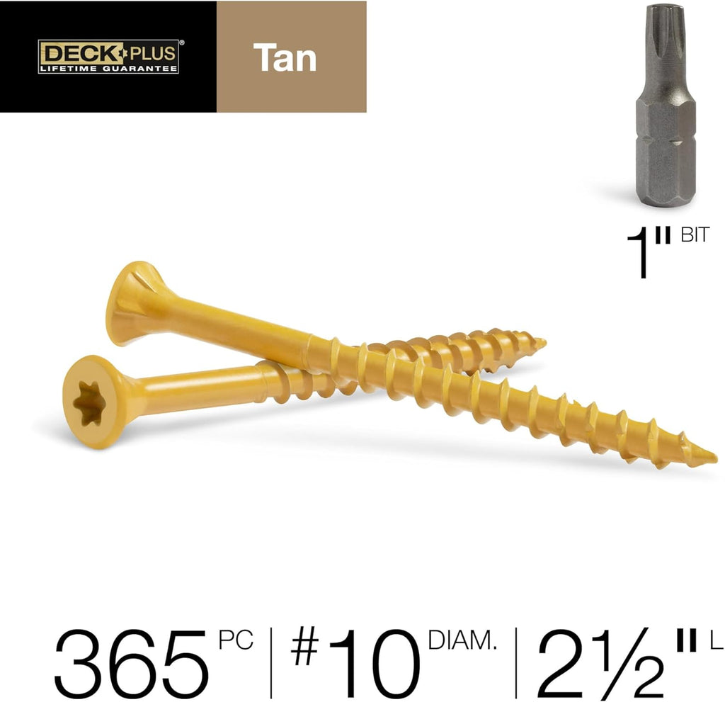 Premium Rust-Resistant Tan Deck Screws - 2-1/2" #10 Coarse Thread with Torx Drive - 365 Pieces, 5 lb Box