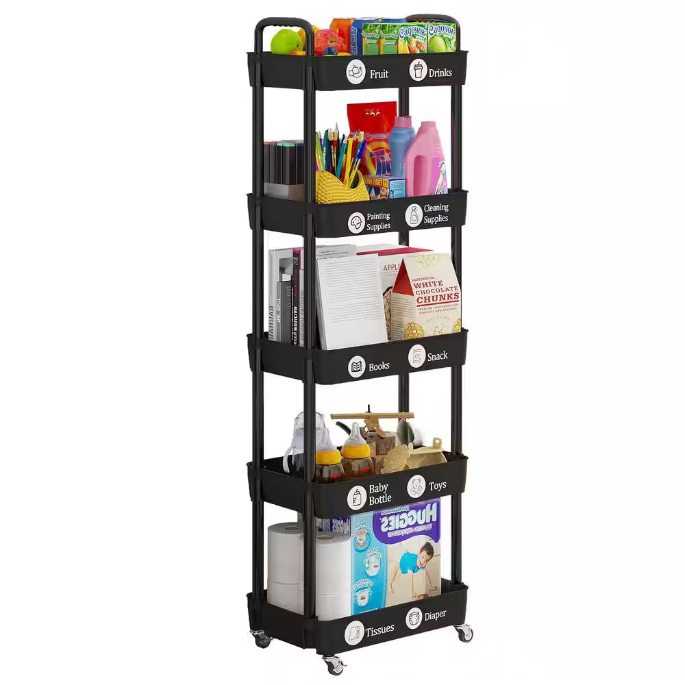 5-Tier Black Storage Organizer with Wheels and Classified Stickers, Utility Storage Carts for Bathroom, Laundry, Kitchen