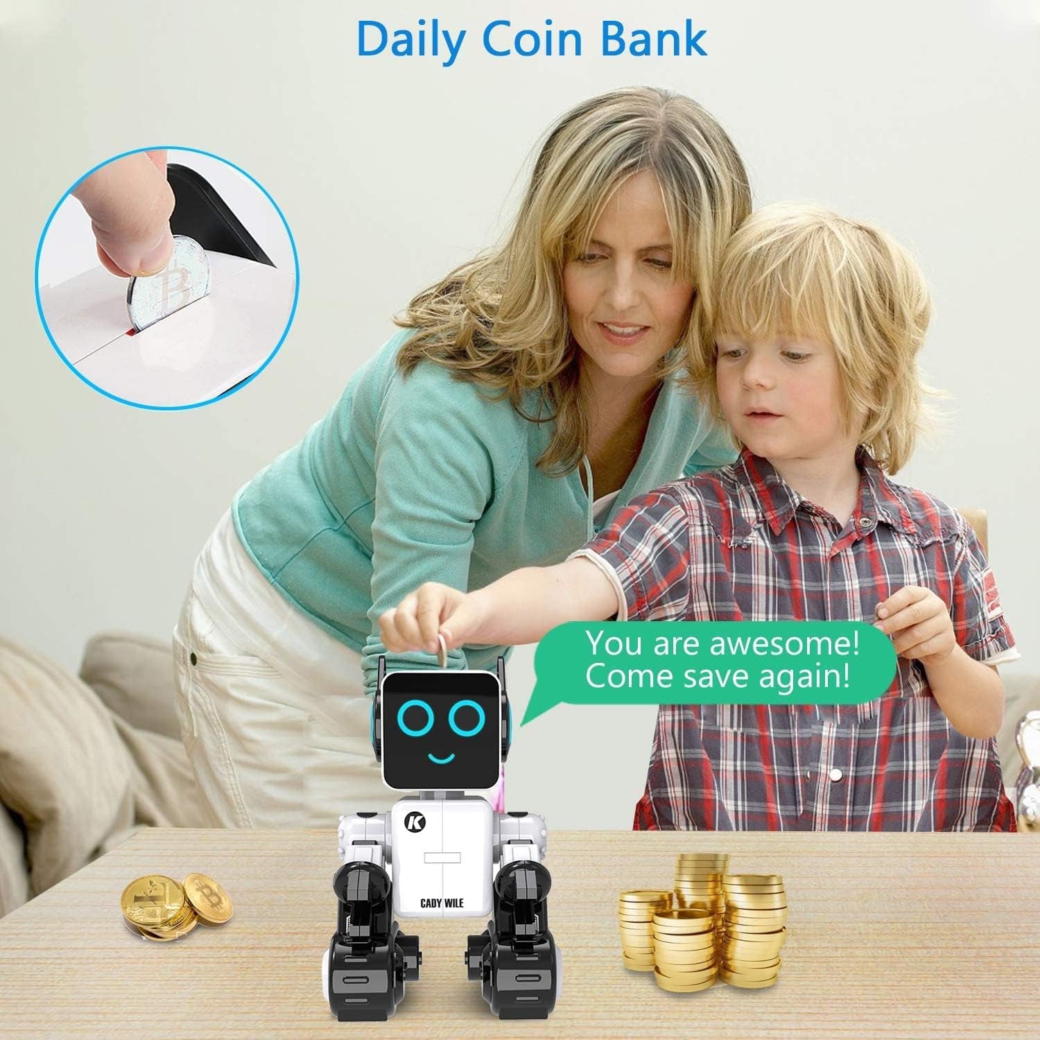 Interactive Rechargeable RC Robot Toy for Kids - LED Lights, Dancing, Speaking, and Coin Bank (White)