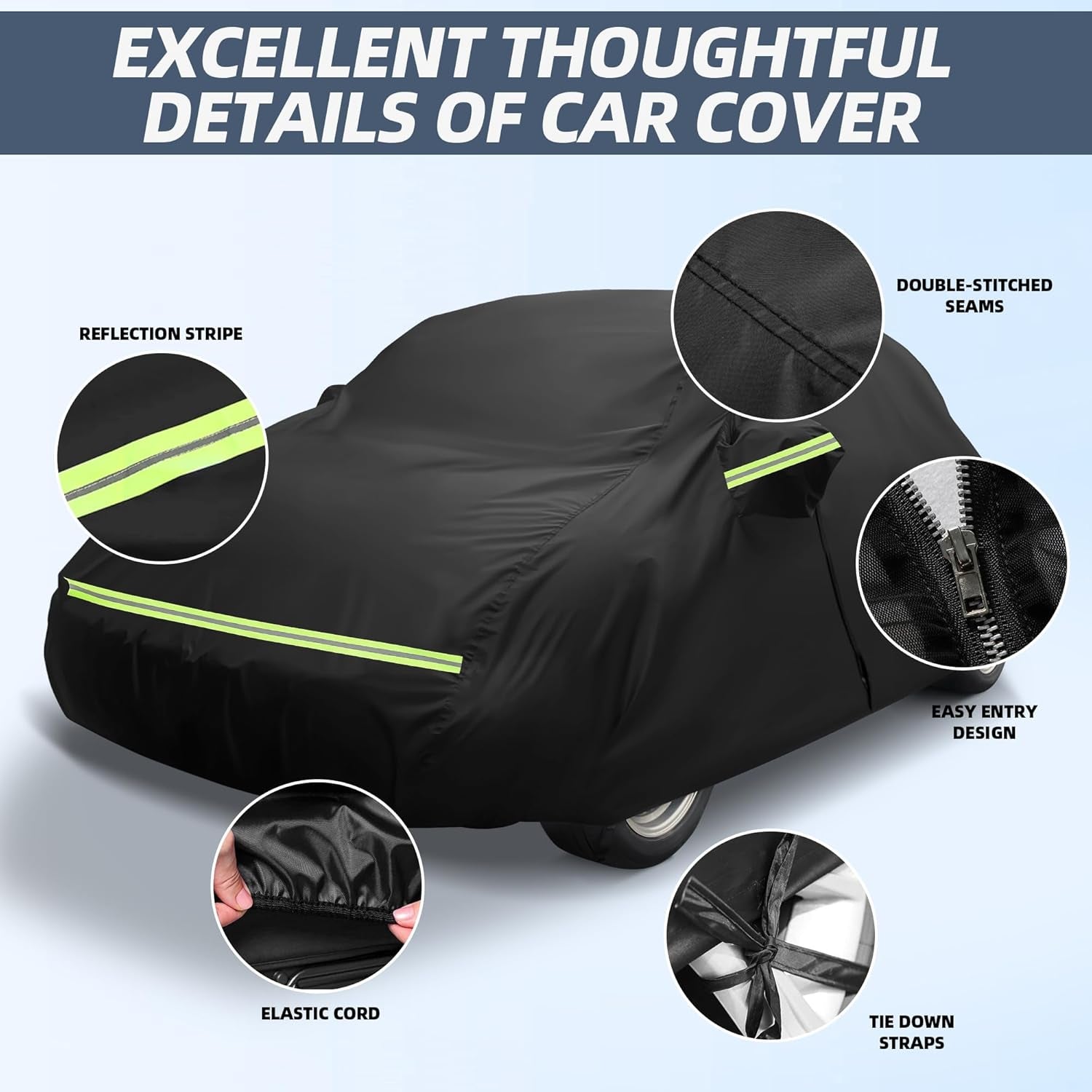 Premium Waterproof Car Cover for 1960-1980 Beetle Bug Sedan - All Weather Protection with Zipper & Windproof Bands - Black