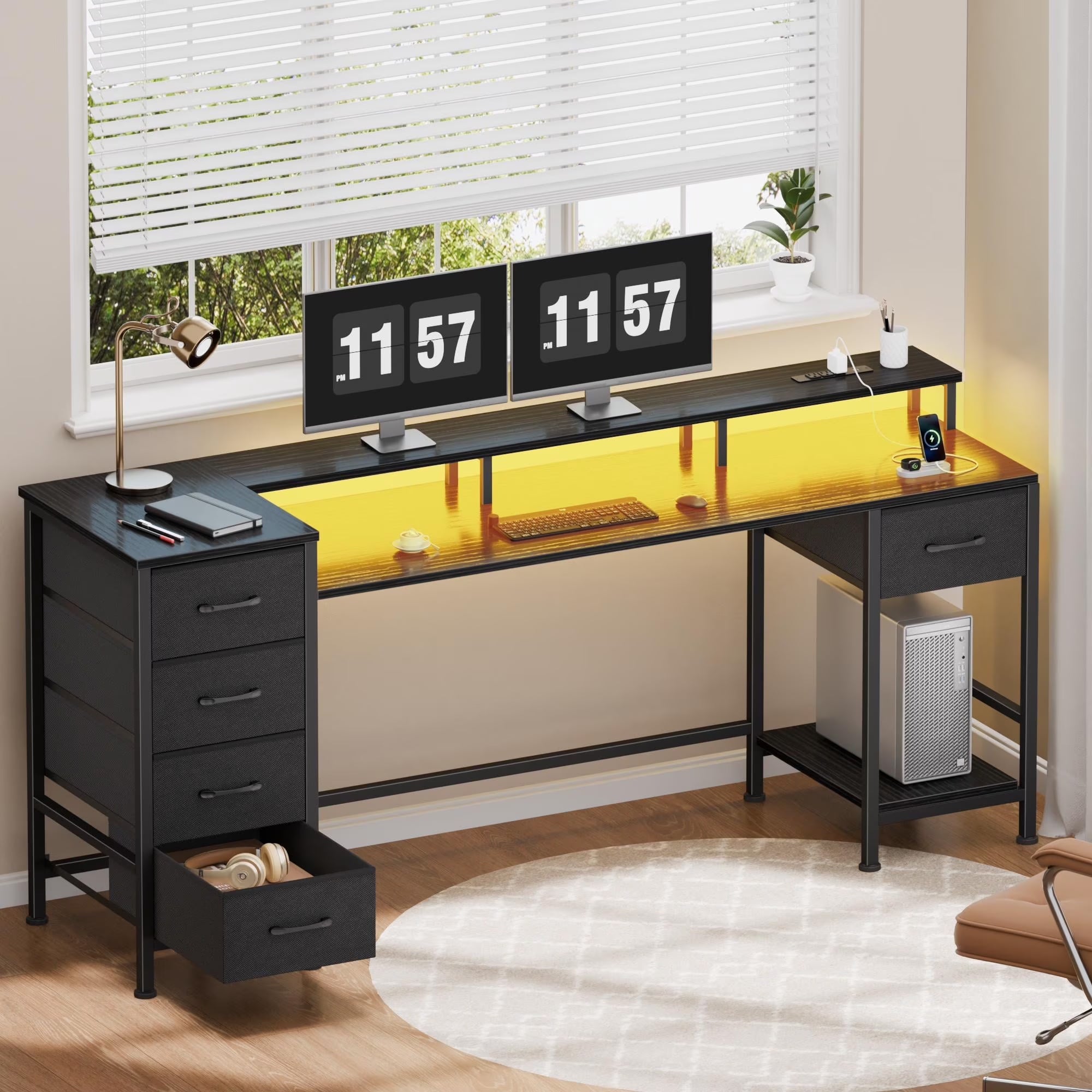 Gaming Desk with LED Lights & Power Outlets, 66" Computer Desk with 5 Fabric Drawers & Open Storage, Reversible Home Office Desk,Black