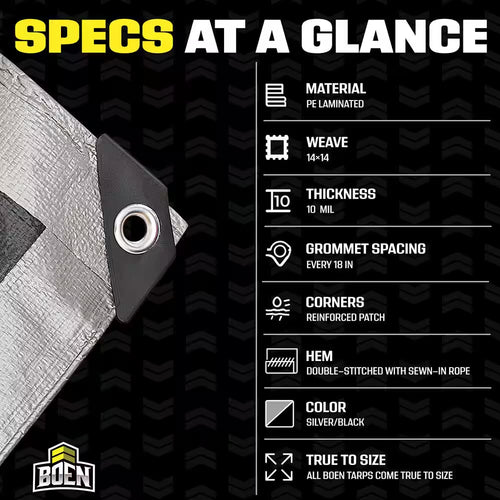 10 Ft. X 20 Ft. Heavy-Duty Commercial Silver/Black Tarp Cover 10 Mil Thick Weave Material, Waterproof