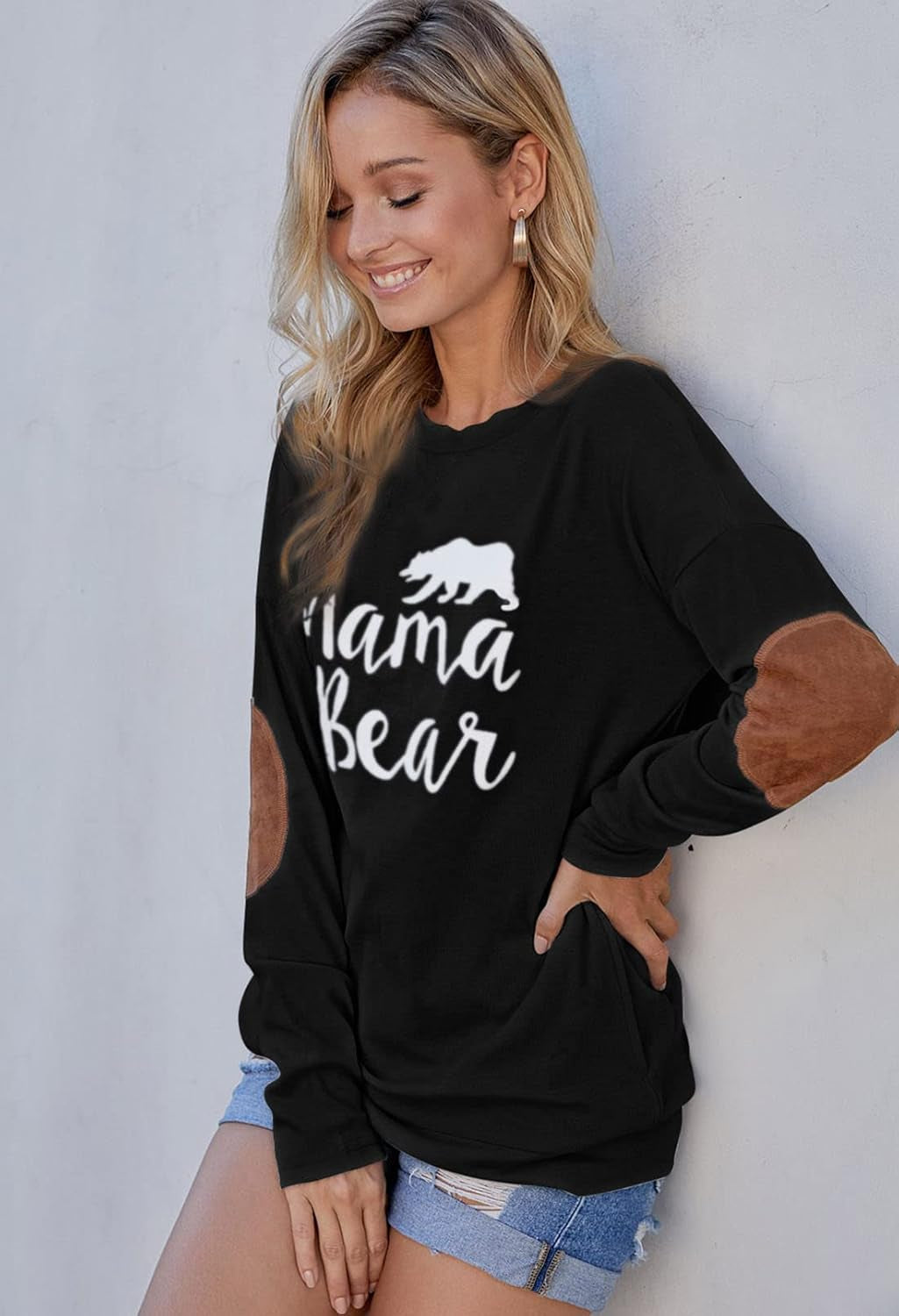 Pink Queen Women'S Mama Bear Shirt Long Sleeve Patches Pockets Top Black Size S