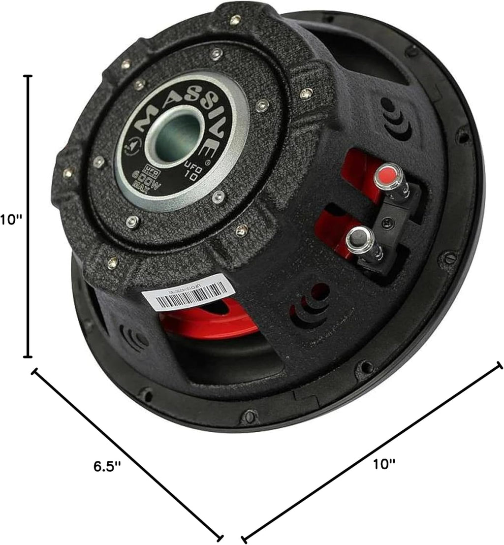 Massive Audio UFO10V2 10” Slim Subwoofer | 600W Max, 300W RMS, Dual 4 Ohm, Shallow Mount Design, Powerful Low-Profile Woofer for Tight Spaces & Deep Bass Car Audio Systems