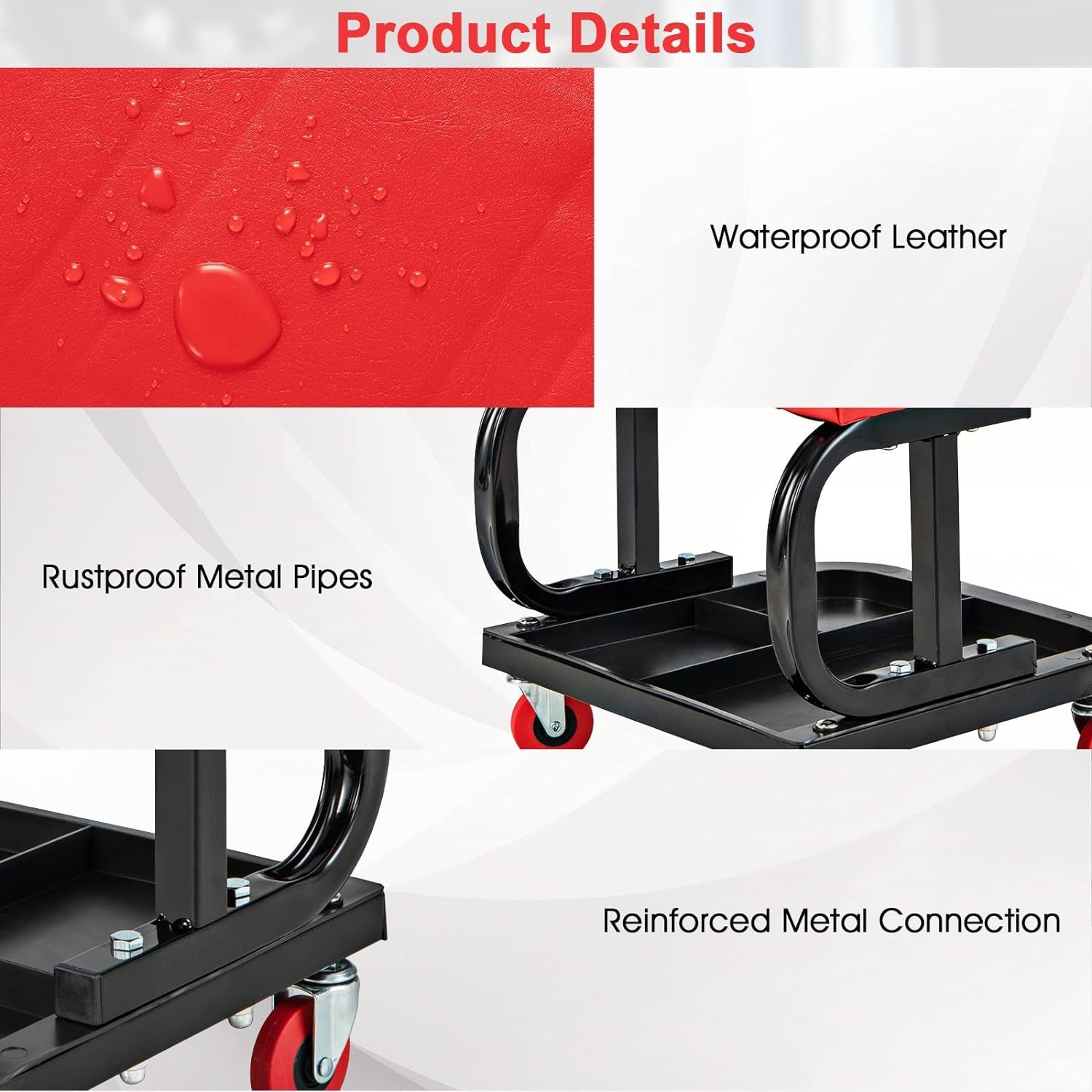 Goplus Mechanic Stool with Wheels, 22.5”-27.5” Adjustable Rolling Garage Stool with Padded Seat, 330LBS Capacity, Tool Tray, Heavy Duty Creeper Seat, 360° Swivel Shop Chair for Workshop