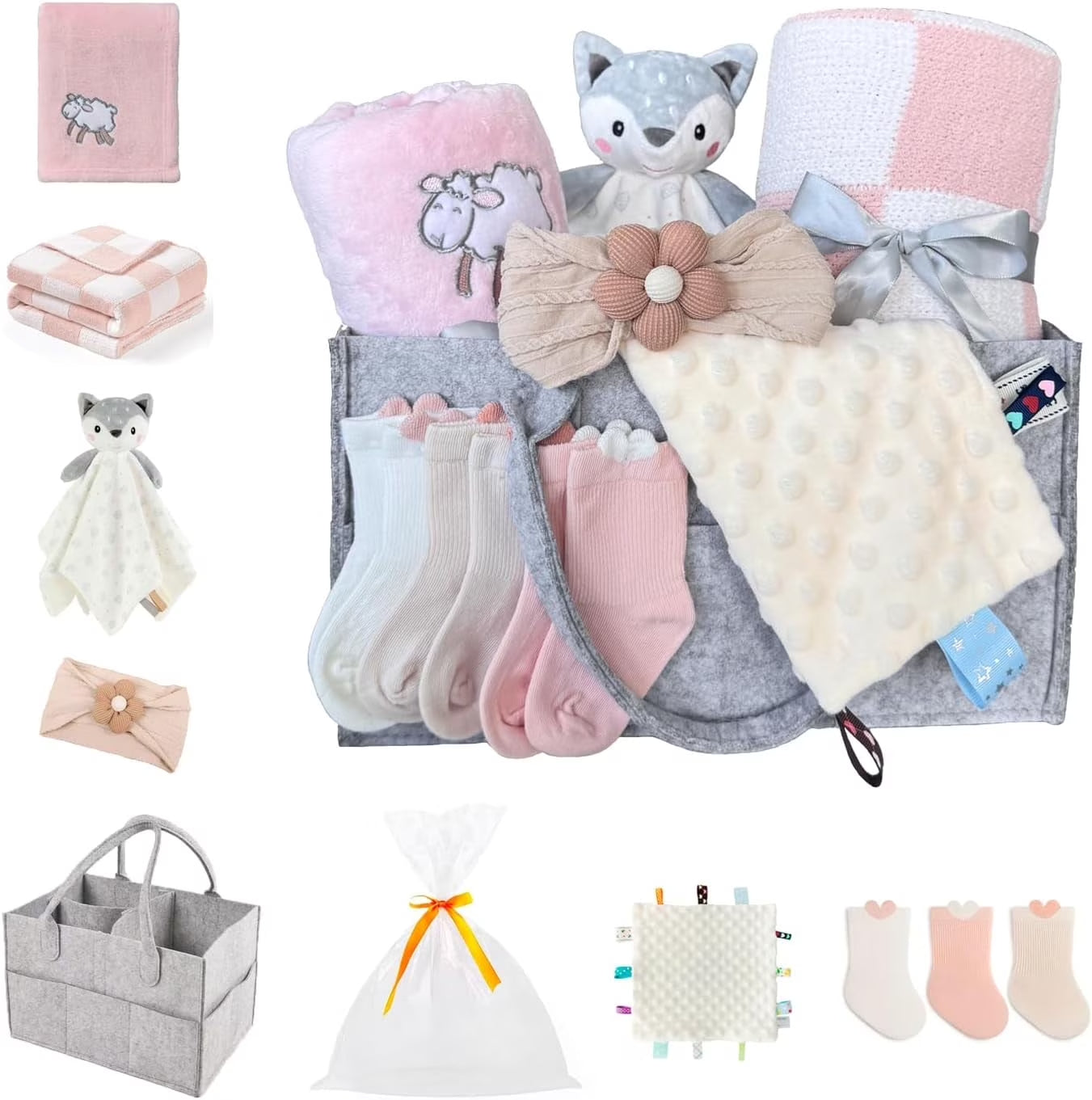 CREVENT Set for Girls -Diaper Caddy Organizer Basket with 2 Blankets, 1 Taggie, 1 Lovey, 3 Socks，1 Headband，1 Gift Bag with Ribbon - Newborn Essential Gift Set (Pink)