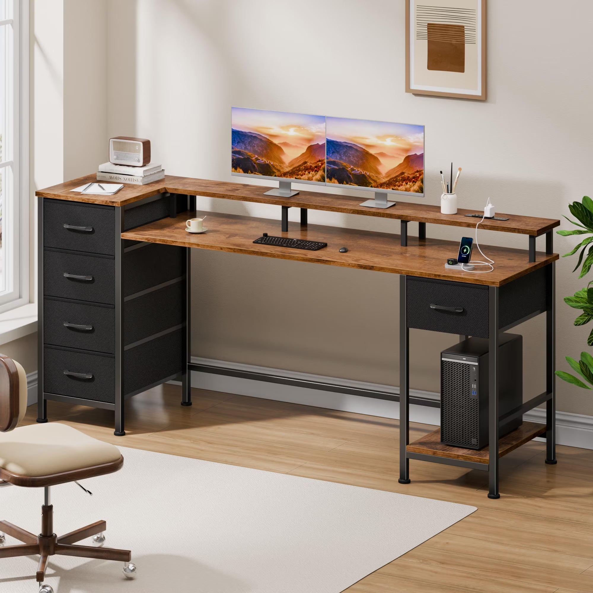 Gaming Desk with LED Lights & Power Outlets, 66" Computer Desk with 5 Fabric Drawers & Open Storage, Reversible Home Office Desk,Retro Brown