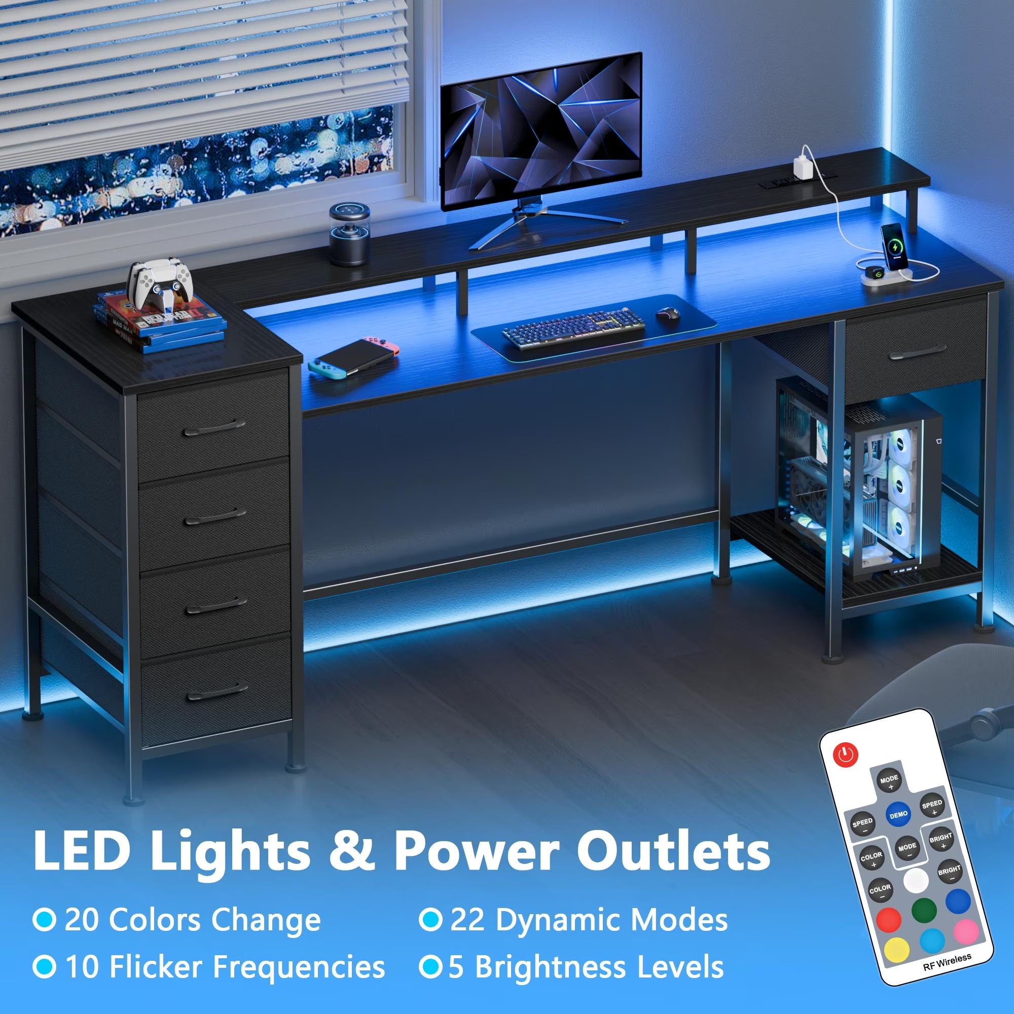 Gaming Desk with LED Lights & Power Outlets, 66" Computer Desk with 5 Fabric Drawers & Open Storage, Reversible Home Office Desk,Black