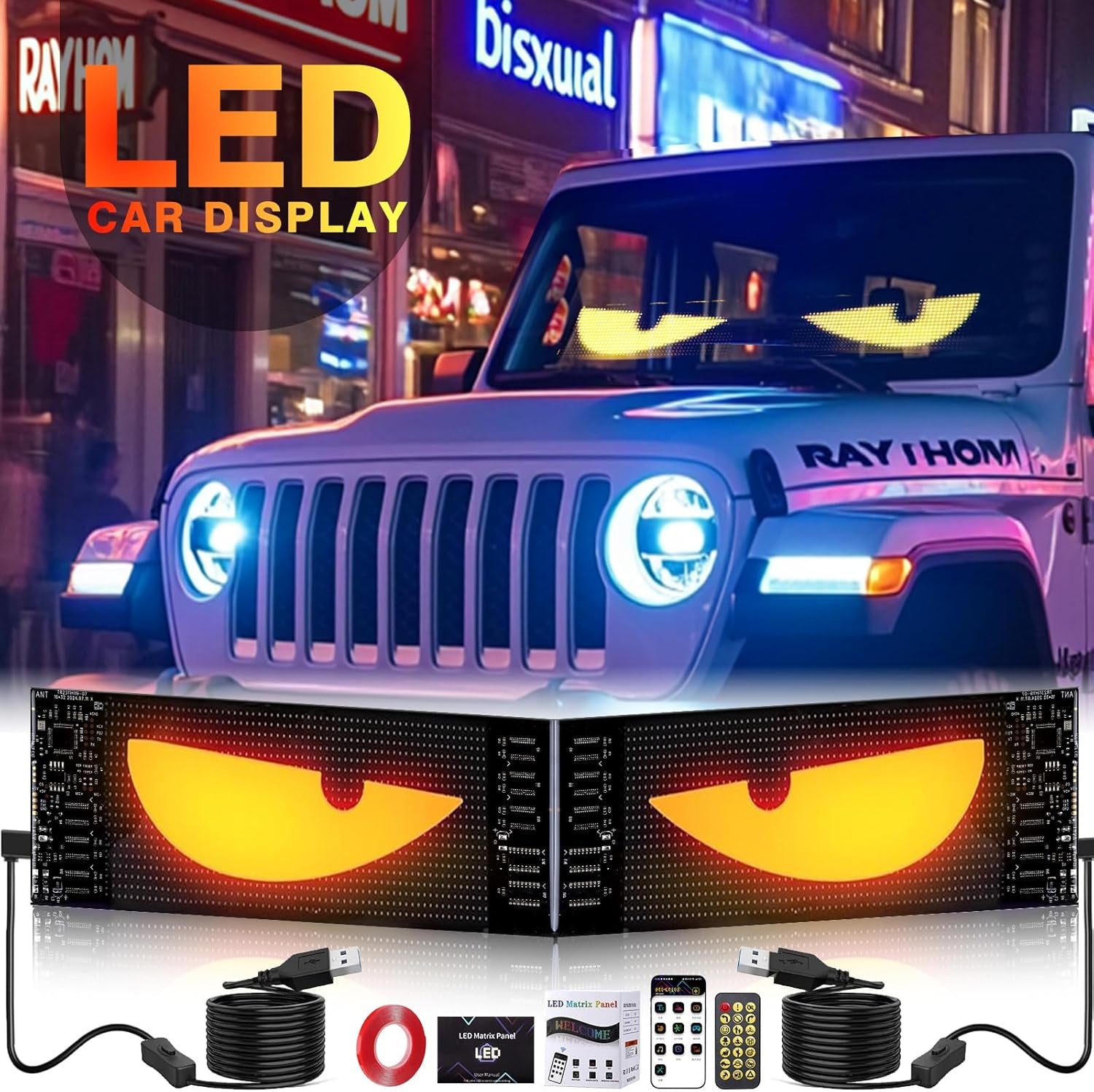 2-Pack Devil Eyes LED Car Display, App-Controlled 7x3 Inch Flexible Programmable Lights