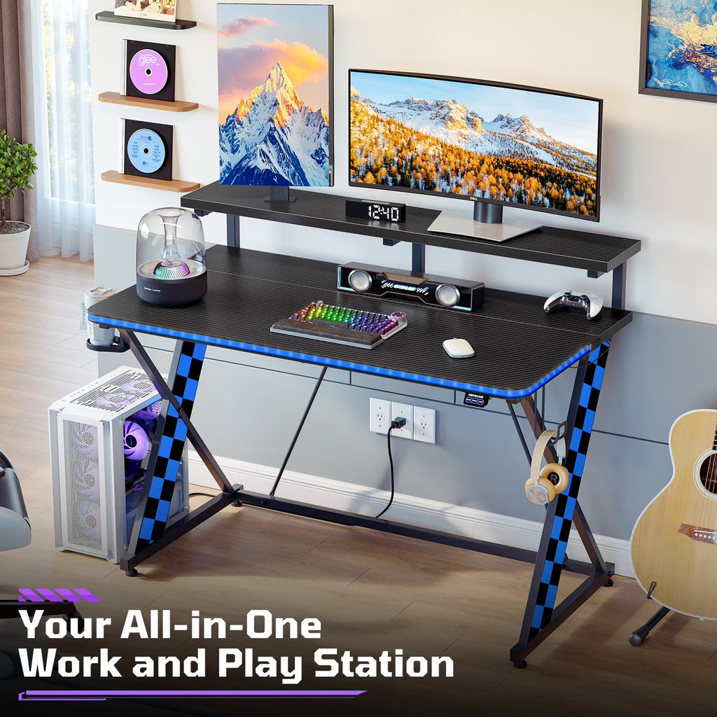 43" Music Sync LED Gaming Desk,X-Shape Ergonomic Monitor Stand Gamer Table,Pc Desk with Dynamic Lighting,Color Changing Office Desks,Blue Racing