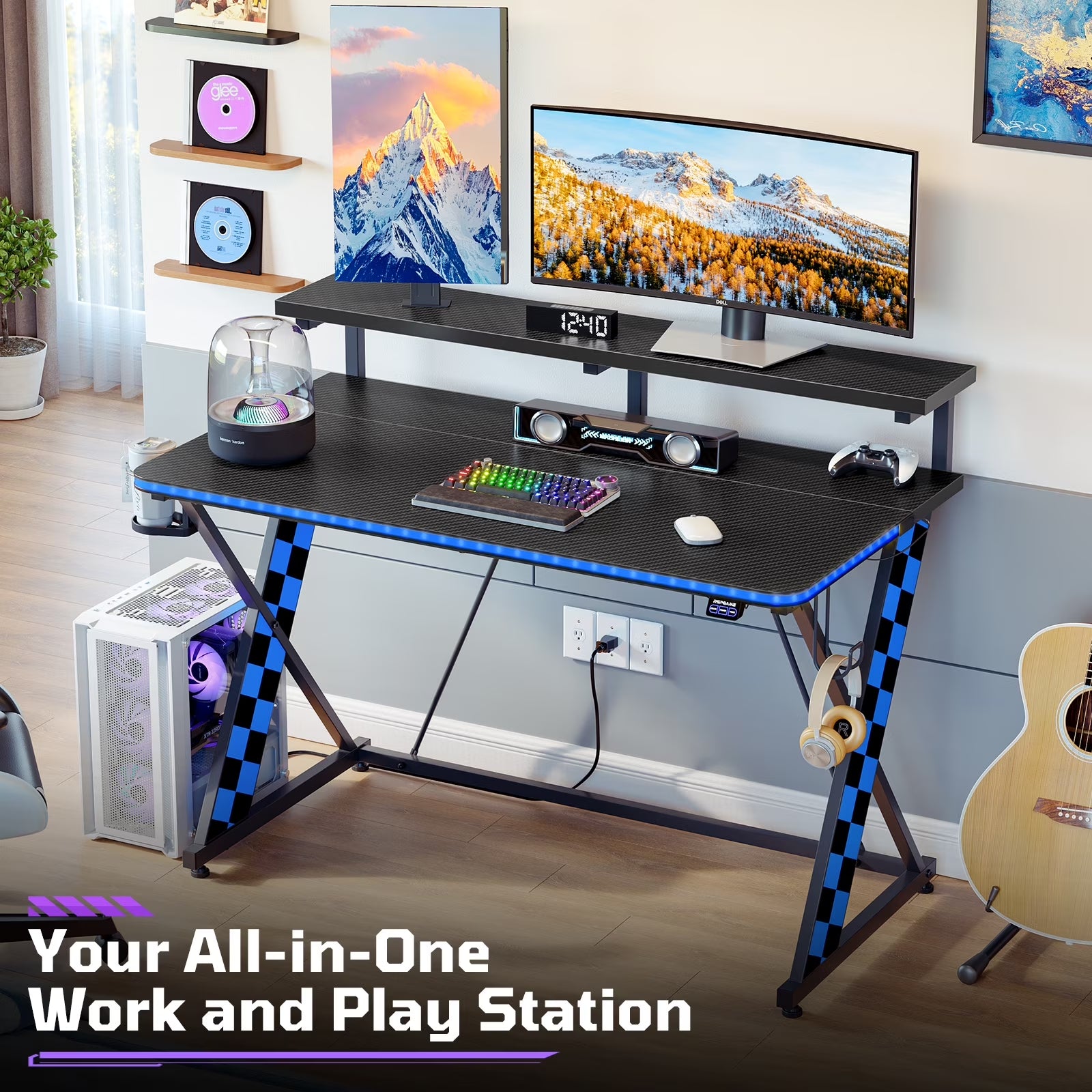 43" Music Sync LED Gaming Desk,X-Shape Ergonomic Monitor Stand Gamer Table,Pc Desk with Dynamic Lighting,Color Changing Office Desks,Blue Racing