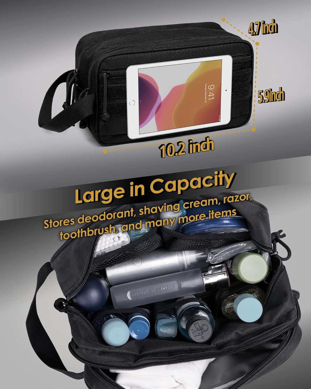 TACTICISM Toiletry Bag for Men - Dry Wet Separate Travel Toiletry Bag, Tactical Molle Dopp Kit for Men with Water-Resistant Shaving Bag for Adult Women for Travel, Black