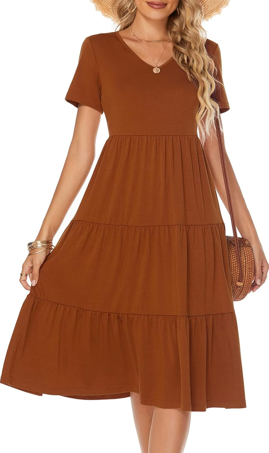 Berydress Women'S Casual Summer Tiered Midi Dress 2025 Short Sleeve V-Neck Loose Cotton Ruffle Babydoll Dress Boho Sundress