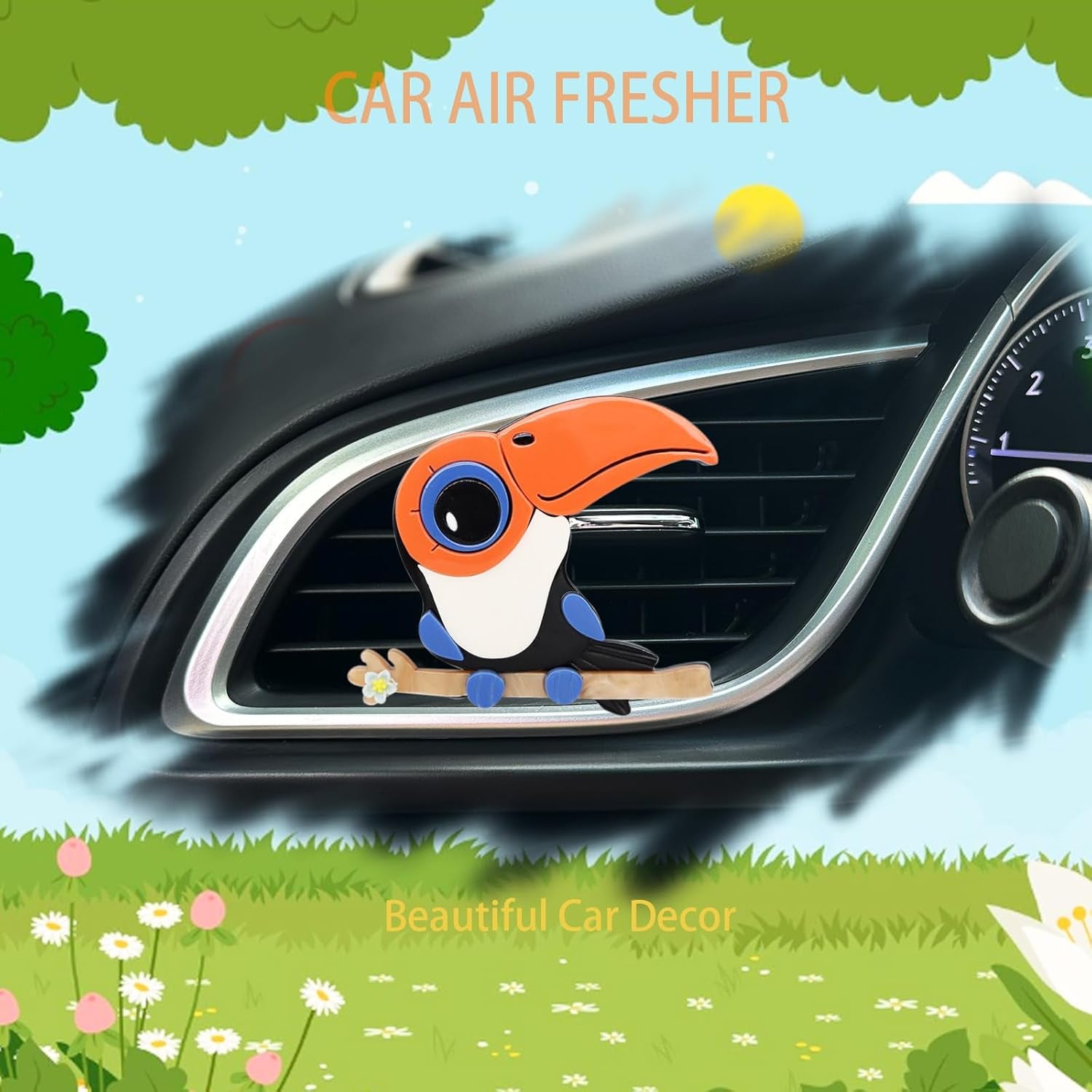 Cute Toucan Car Air Freshener Clip - Refillable Acrylic Rainforest Decor for Women and Teens