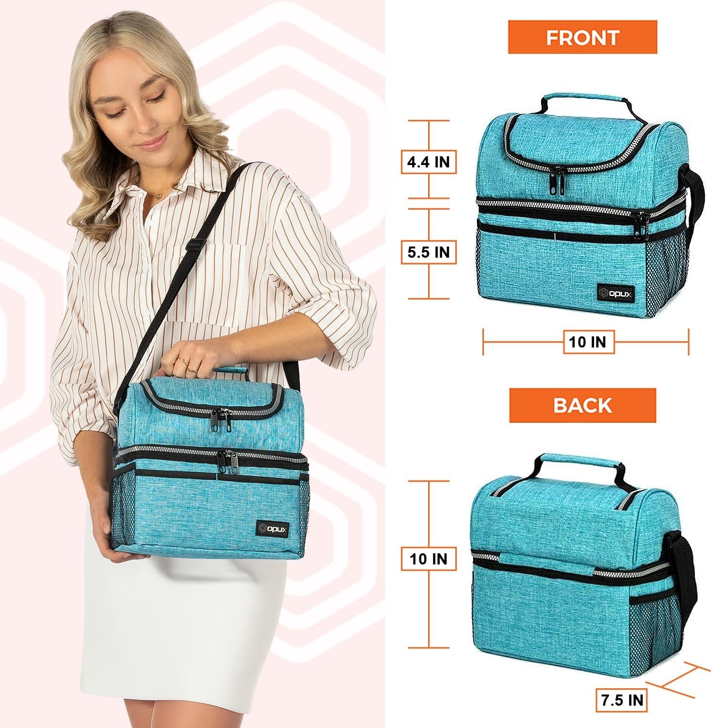 OPUX Insulated Double Decker Lunch Box - Large 12L Leakproof Cooler for Adults & Kids - Aqua Turquoise Soft Tote for Work & School Meal Prep