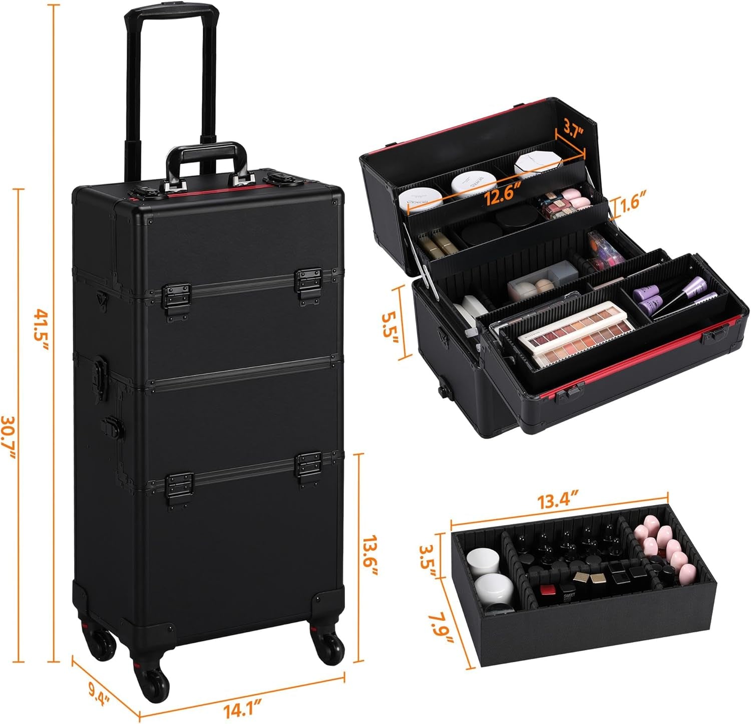 Yaheetech Makeup Train Case 3 in 1 Professional Cosmetic Trolley Multi-Functional Organizers Large Storage Traveling Cart Trunk for Nail Tech - Black