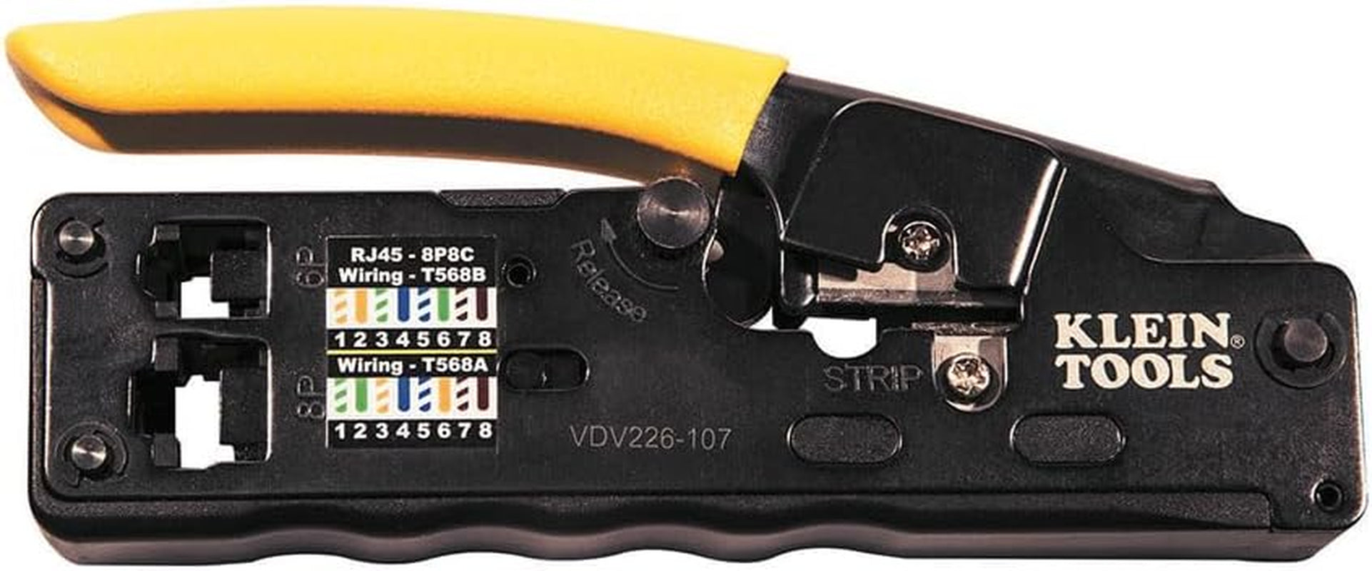Klein Tools Compact Ratcheting Data Cable Crimper, Wire Stripper & Cutter - Perfect for CAT6, CAT5, CAT3 & Flat-Satin Voice Cables