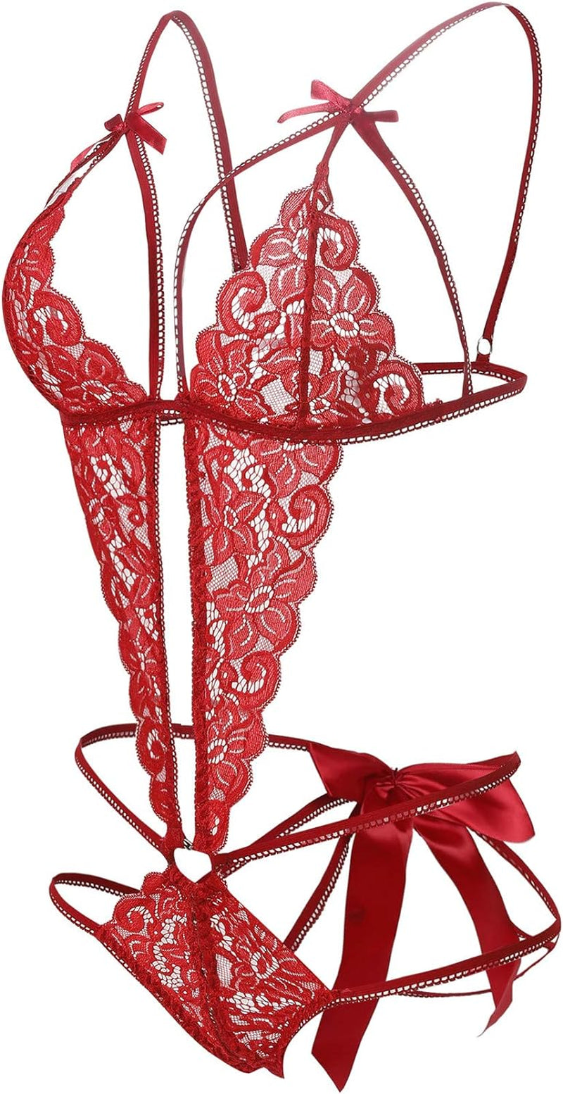 Donnalla Women'S Deep V Lace Teddy One Piece Lingerie Cutout Strappy Lingerie