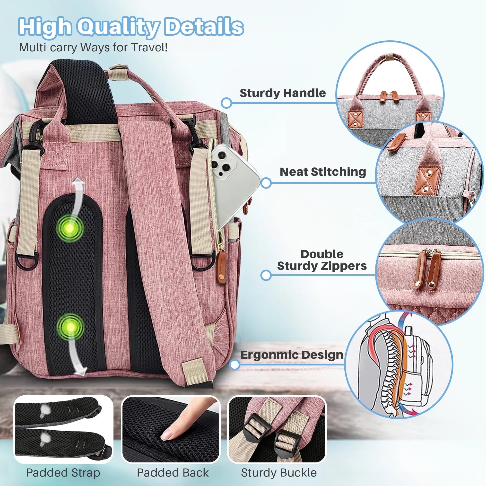 Morfone Baby Diaper Bag Backpack, Multifunction Waterproof Baby Bag with USB Charging Port, Stroller Straps & Pacifier Case Unisex, Pink