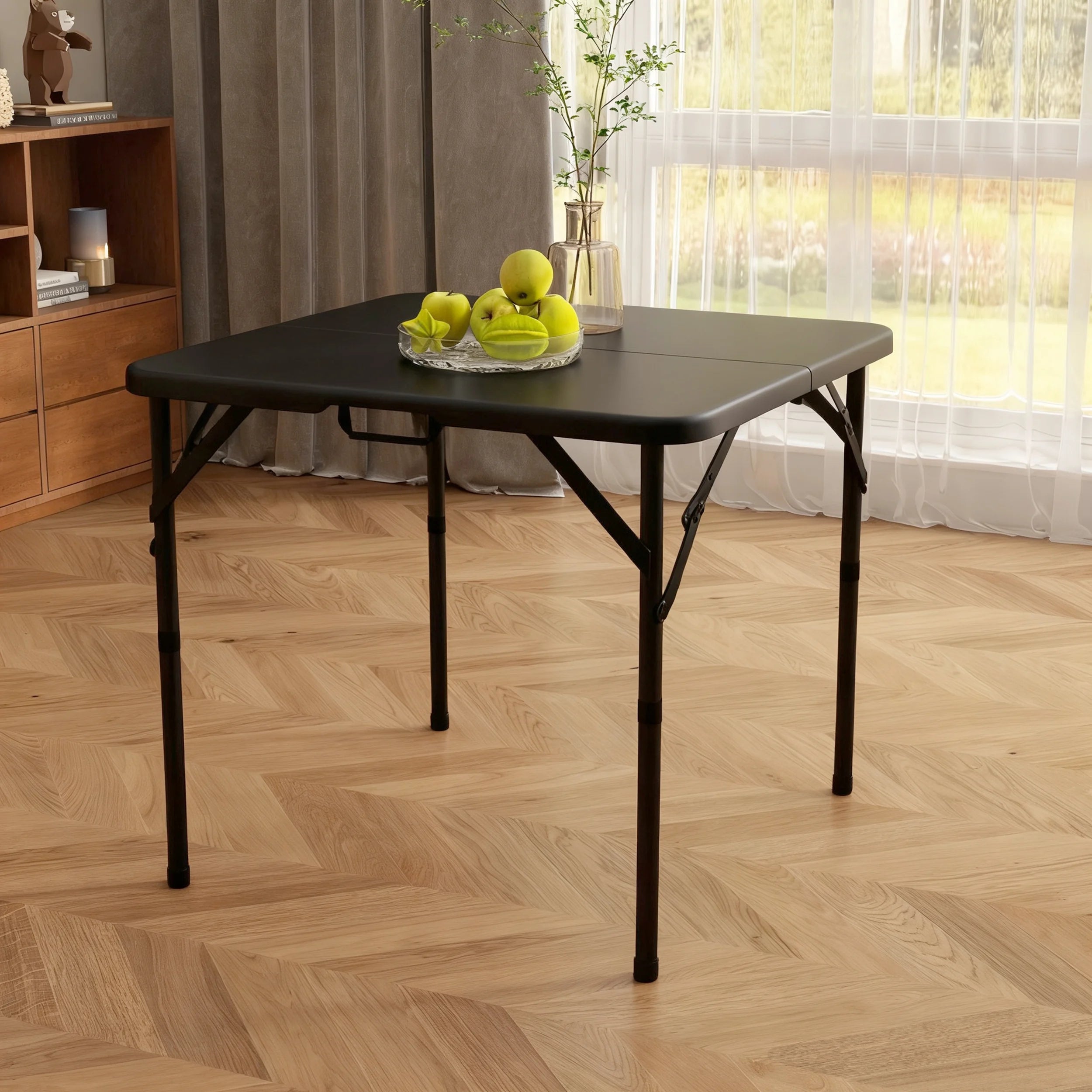 34" Square Folding Table,Fold-In-Half Plastic Card Table,Picnic Party Event Dining Camp Table for Indoor Outdoor,Black