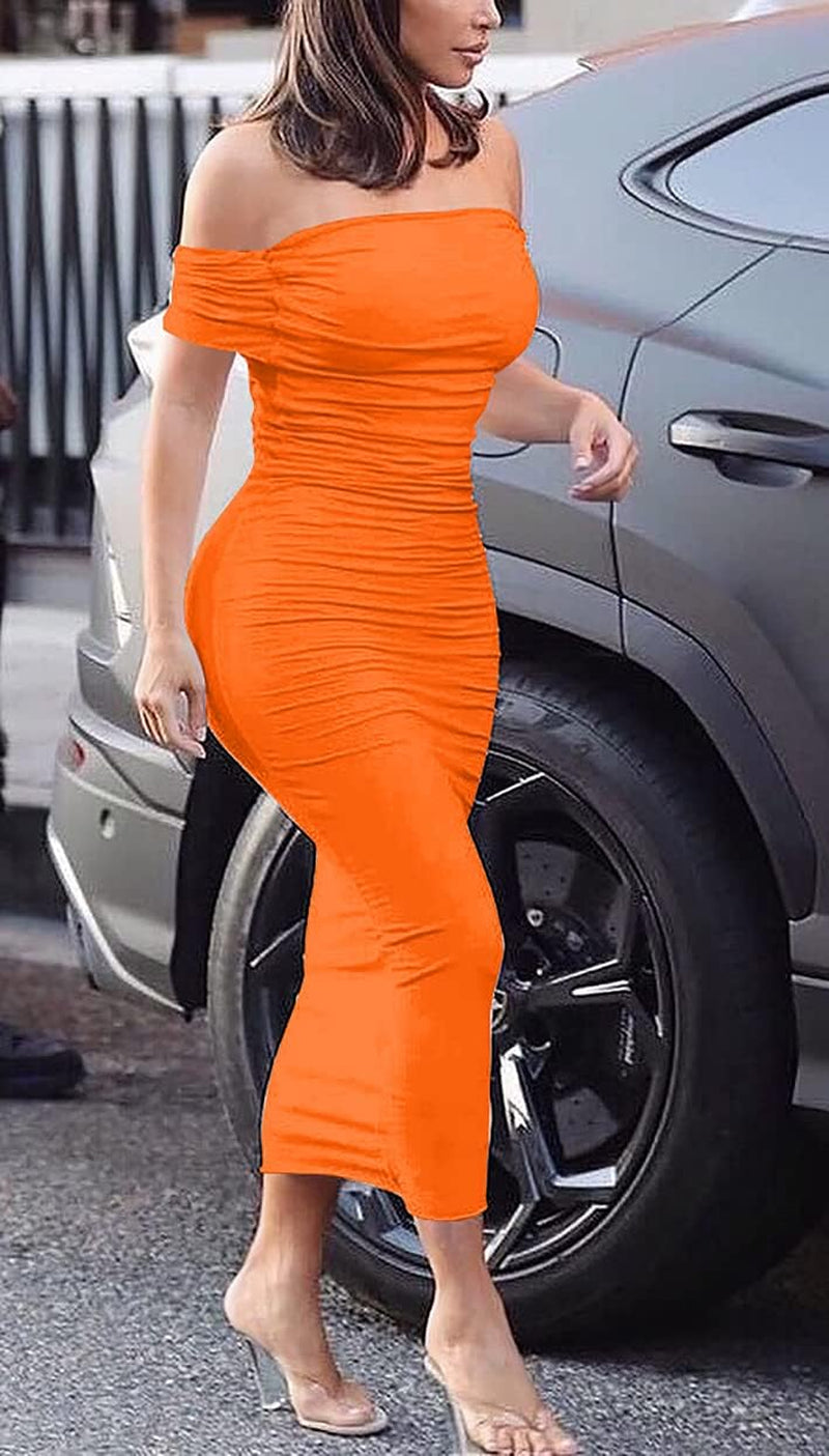 GOBLES Women'S Ruched off Shoulder Short Sleeve Bodycon Midi Elegant Cocktail Party Dress Fluo Orange