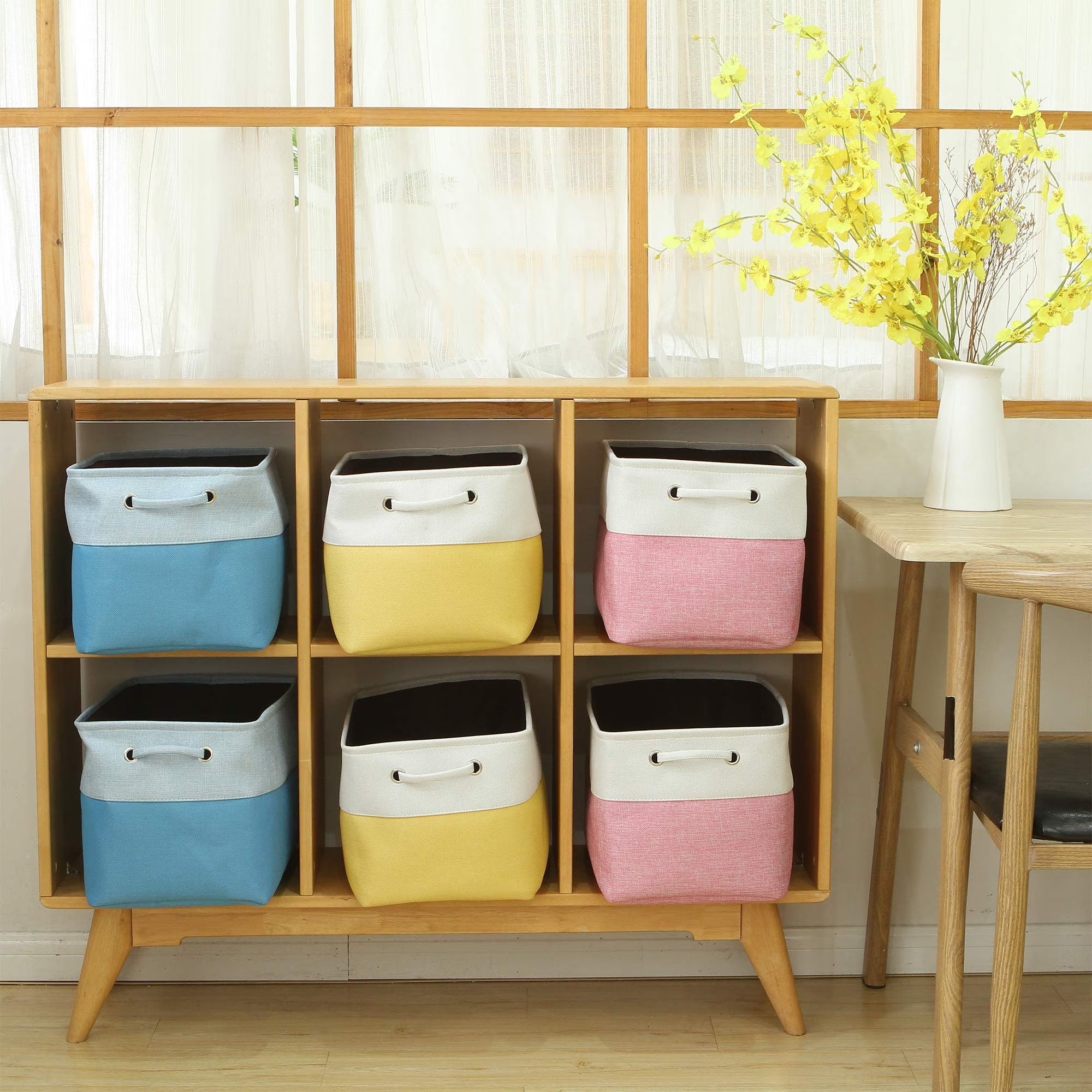 3-Pack Large Storage Basket Set, Trunk Organizer, Clothes Toys Bin, 15 X 10 X 10 Inches, Big Rectangular Canvas Fabric Collapsible Shelf Box with Handles, Pink & White