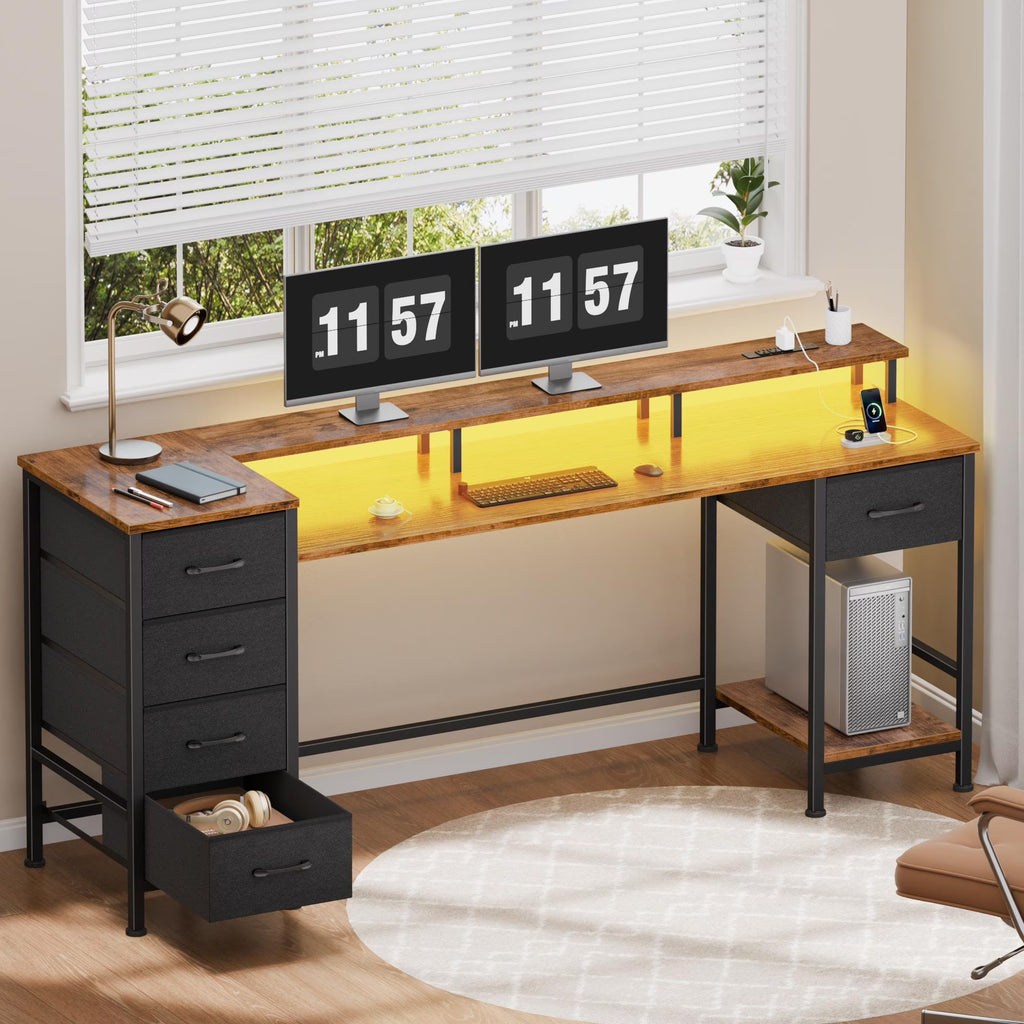 Gaming Desk with LED Lights & Power Outlets, 66" Computer Desk with 5 Fabric Drawers & Open Storage, Reversible Home Office Desk,Retro Brown