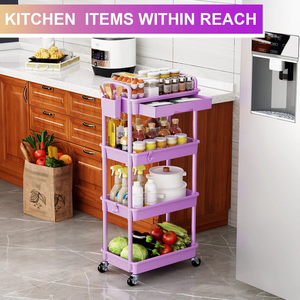 Yeabett 4 Tier Rolling Utility Cart Organizer with Removable Drawer, Mobile Storage Carts with 2 Lockable Wheels for Bathroom, Kitchen, Snack, Craft, Makeup, Baby Essentials，Purple