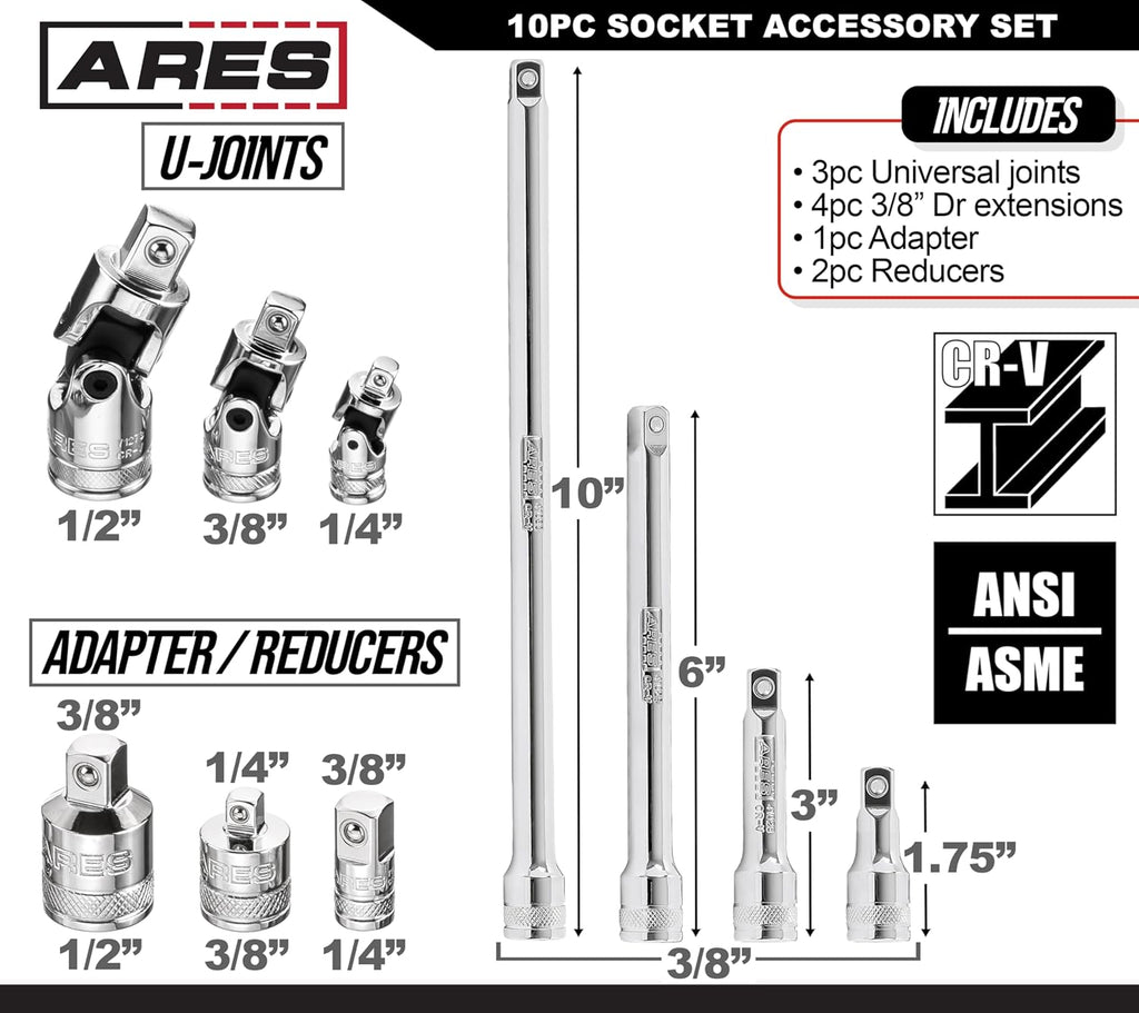 ARES 71270 Premium 10-Piece Socket Accessory Set - Durable Chrome Vanadium Steel with Mirror Finish - Includes Essential Adapters, Extensions, and Universal Joints