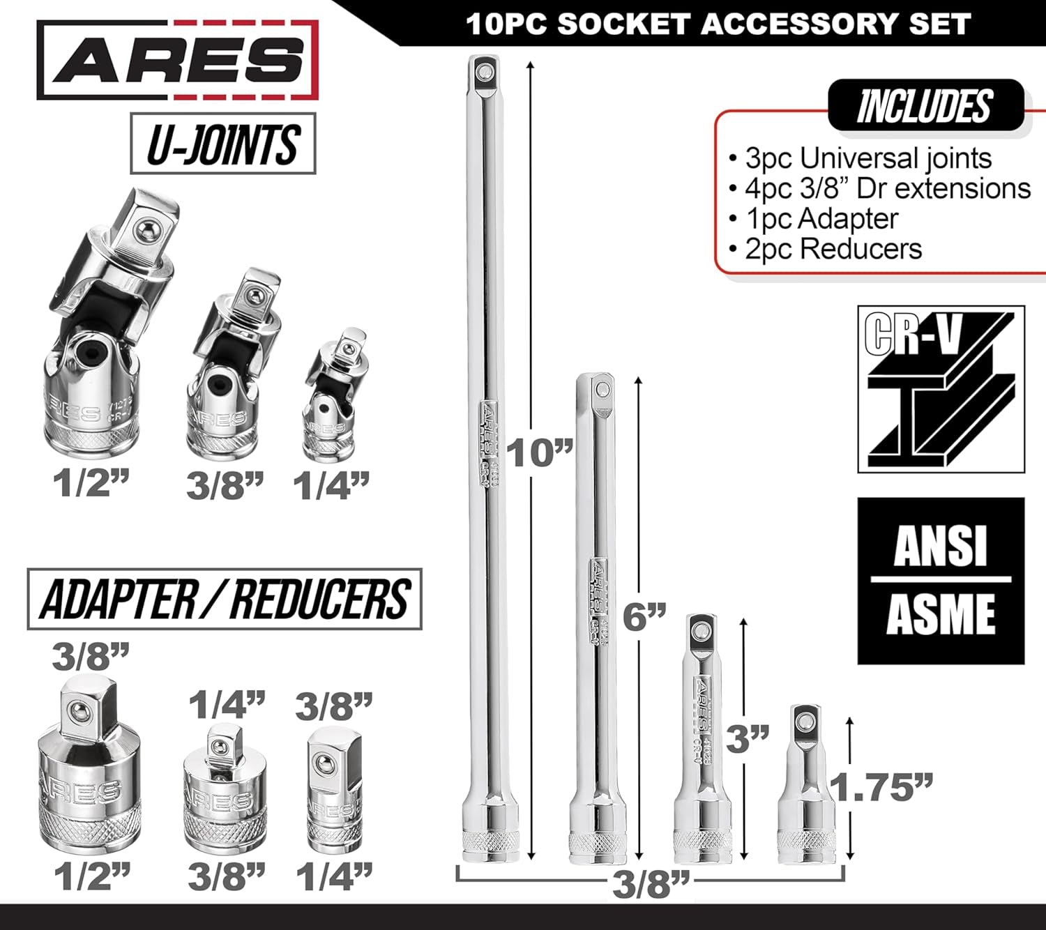 ARES 71270 Premium 10-Piece Socket Accessory Set - Durable Chrome Vanadium Steel with Mirror Finish - Includes Essential Adapters, Extensions, and Universal Joints