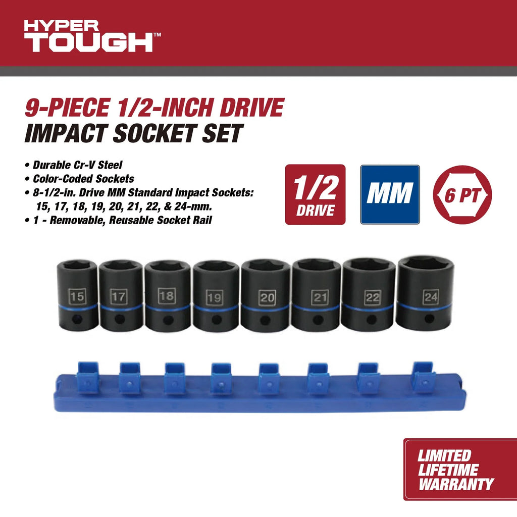Hyper Tough 9-Piece 1/2-Inch Drive Metric Impact Socket Set (Mm)