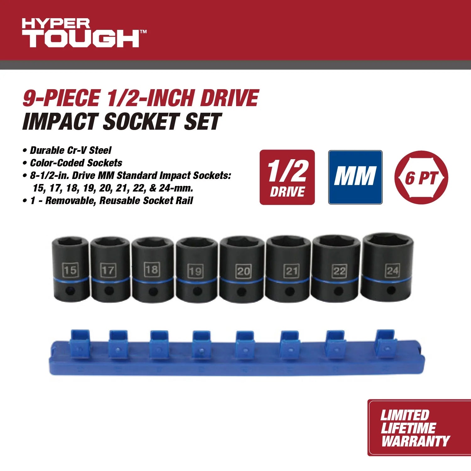 Hyper Tough 9-Piece 1/2-Inch Drive Metric Impact Socket Set (Mm)