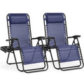 2PCS Zero Gravity Patio Recliner, Textilene Folding Lounge with Adjustable Pillow & Cup Tray, Blue